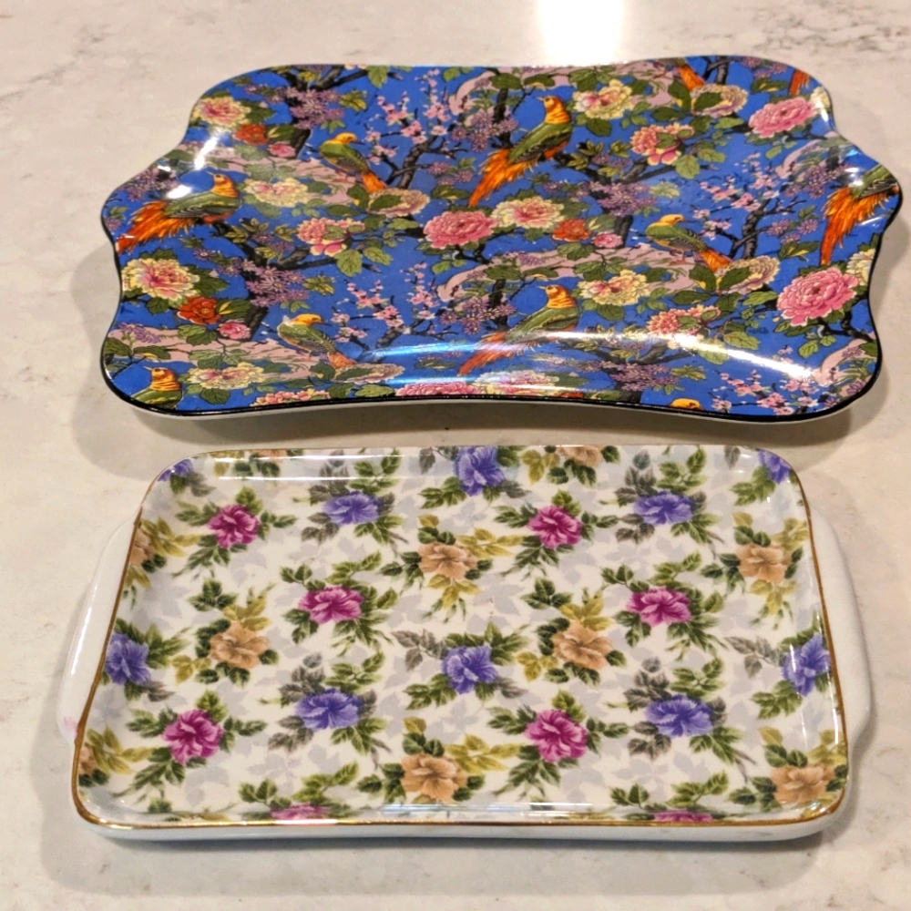 Vintage Set of 2 Dishes Decorated Flowers & Beards 10" x 8" England